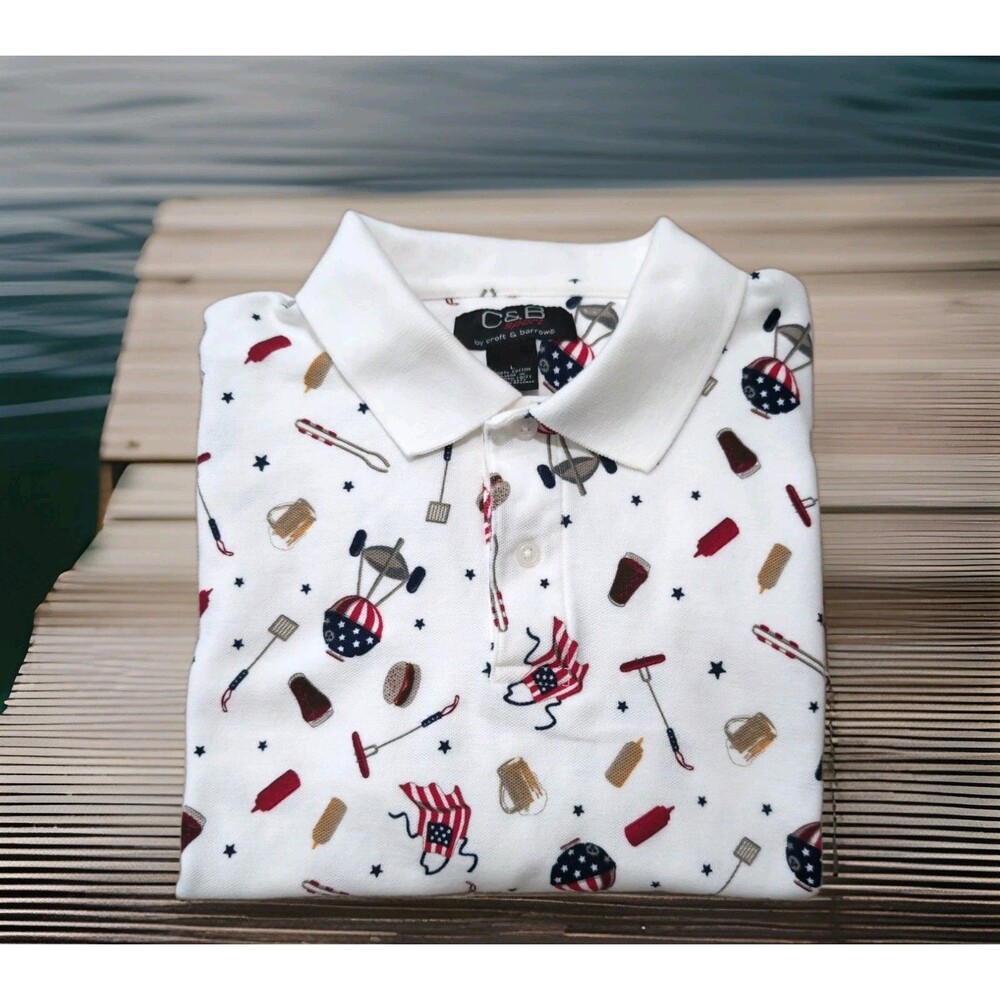 CROFT And BARROW WHITE PRINT PATRIOTIC GRILLING POLO AMERICA 250 MENS SIZE L EUC